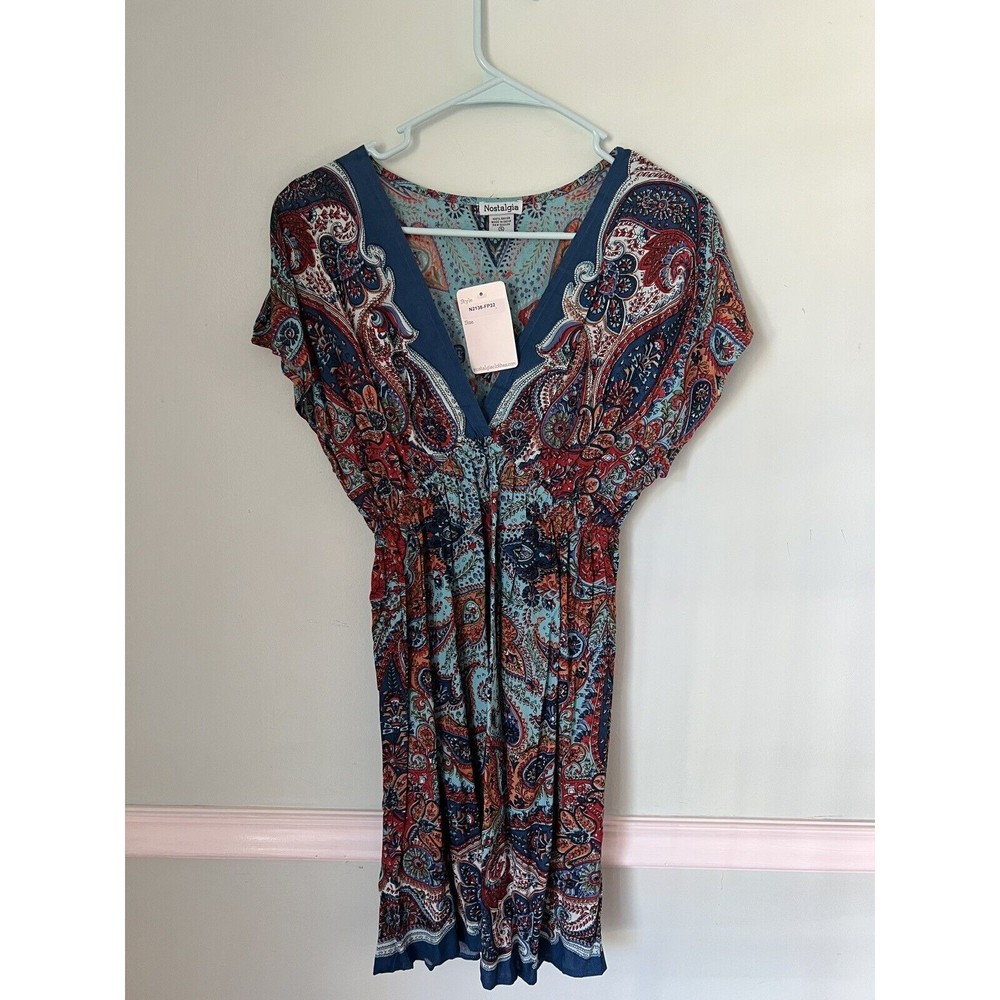 Small Boho Prairie short V-neck beach dress NOSTALGIA Paisley S‎ NWT
